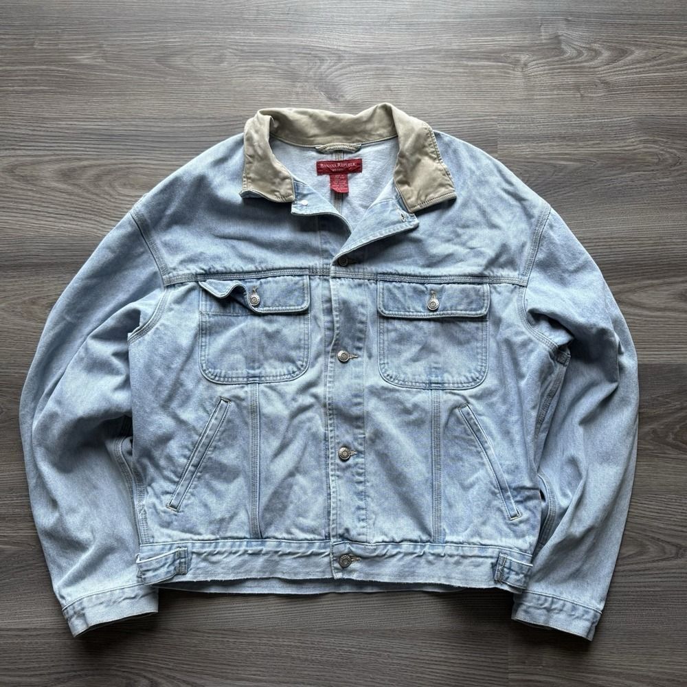 VTG 90s Banana Republic Light Wash Denim Jacket Tan Leather Collar L Boxy
